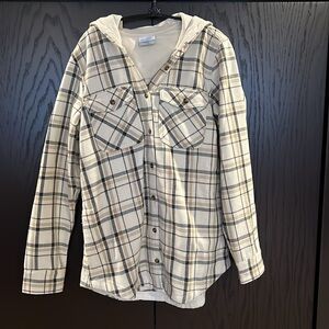 Columbia hooded plaid lined button down shacket/shirt w/pockets unisex sz M
